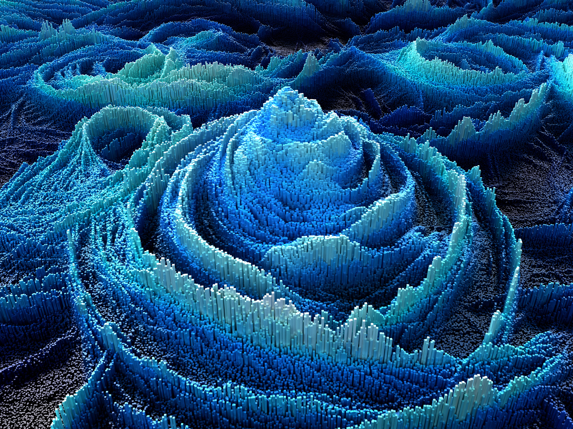 Swirled blue waves created by tiny bars, resembling bar graphs.