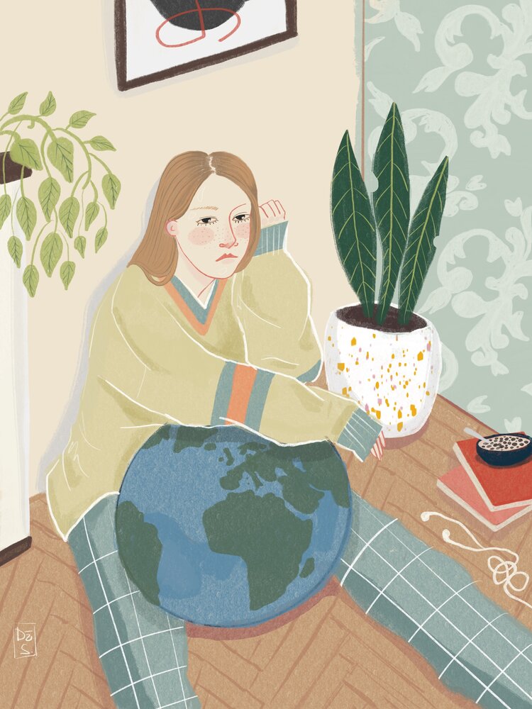 Graphic illustration of a sad woman sitting down holding a globe.