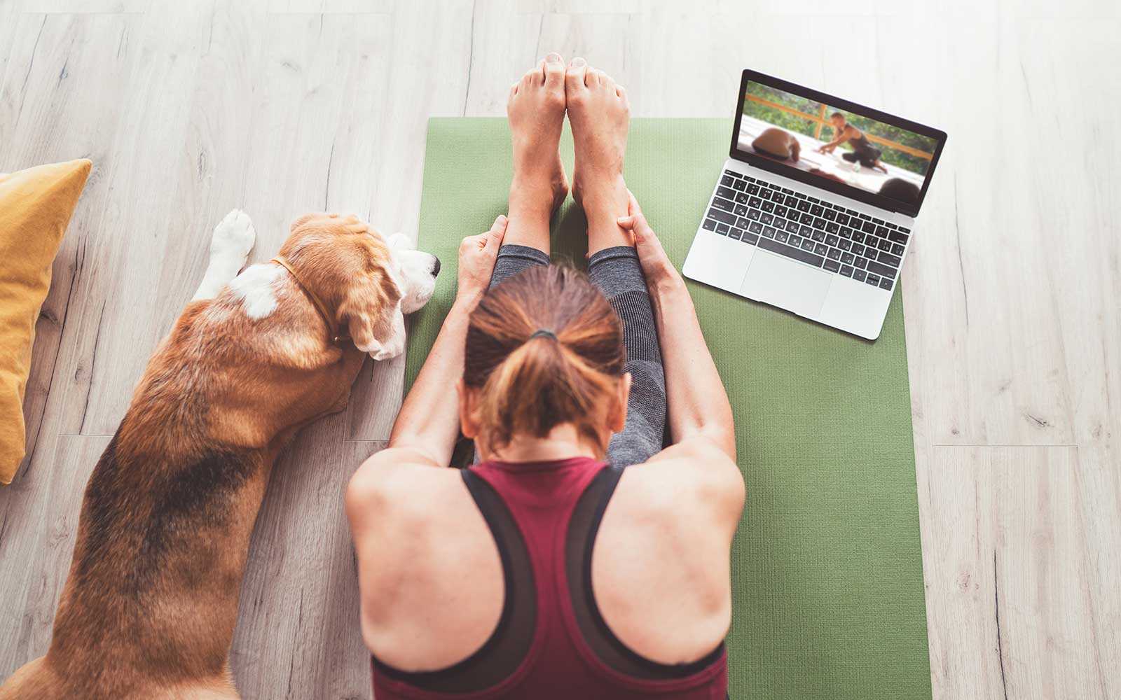 woman doing yoga with a laptop