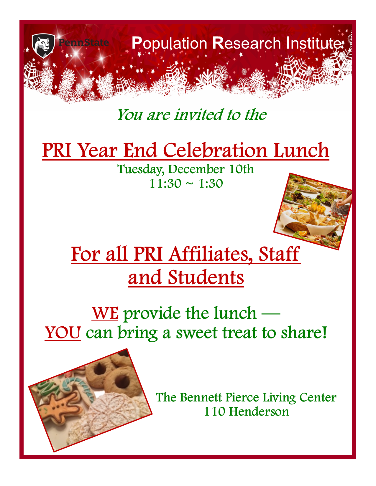 Photo of the flyer with all of the details, photo of several assortments of banquet foods on a table, and photo of holiday cookies.