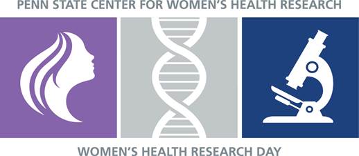 Graphic of a Woman's head, DNA strands, and a microscope with the words "Penn State Center for Women's Health Research, Women's Health Research Day".