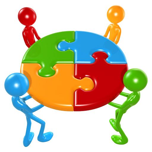 Graphic of people standing in a circle, holding different colored pieces of a puzzle.