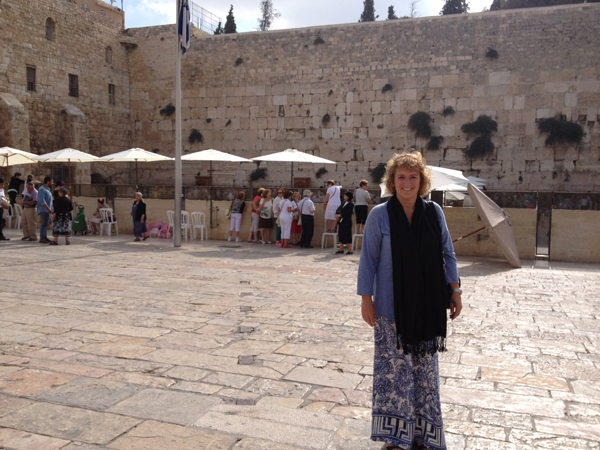 Carleen Maitland outside Western Wall at Temple Mount in Jerusalem.