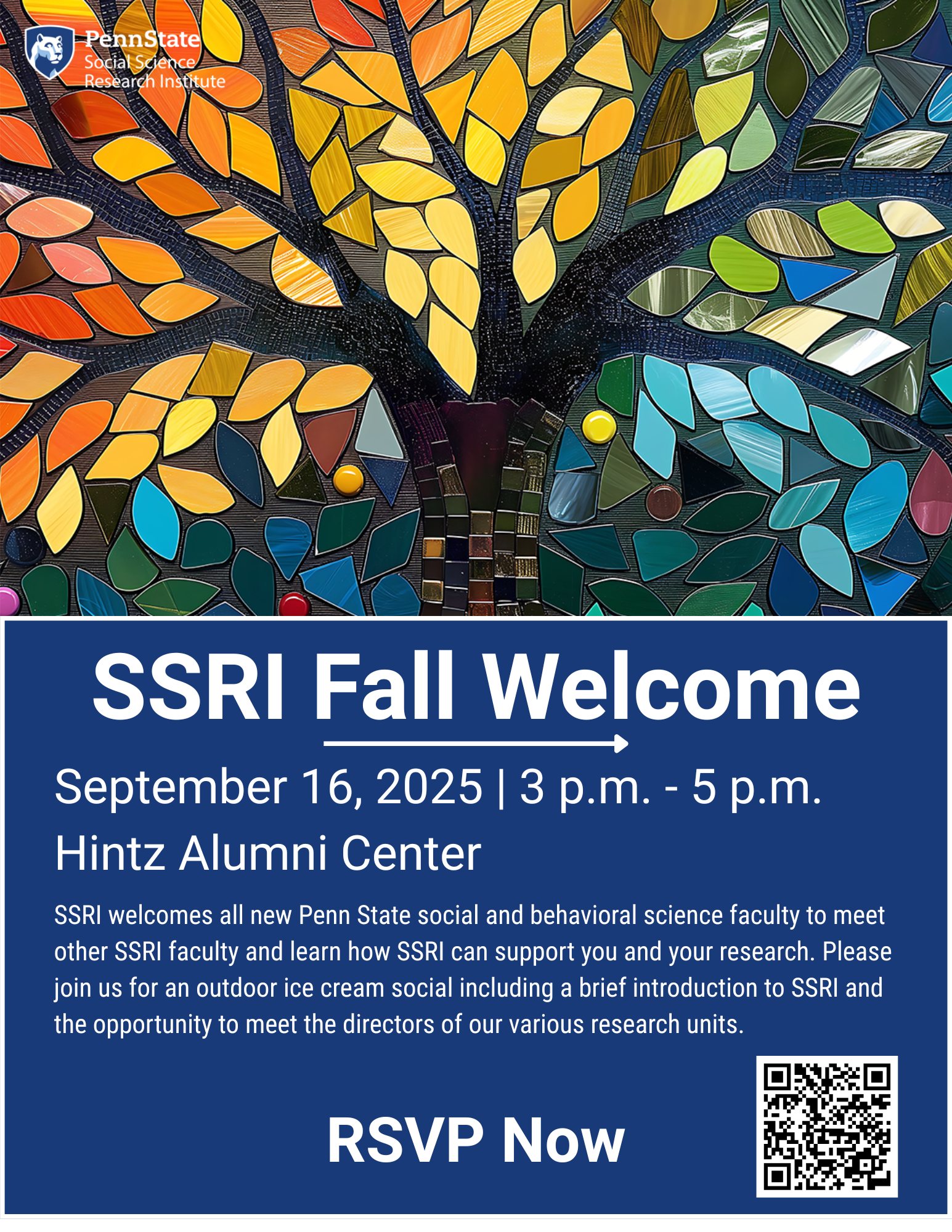 SSRI Fall Welcome Graphic - September 16, 2025 from 3pm to 5pm at the Hintz Alumni Center.