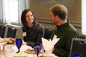Abby Cooper, a recruiter with Deloitte, and Scott Smith, an associate professor of English and comparative literature, converse during Liberal Arts Career Week
