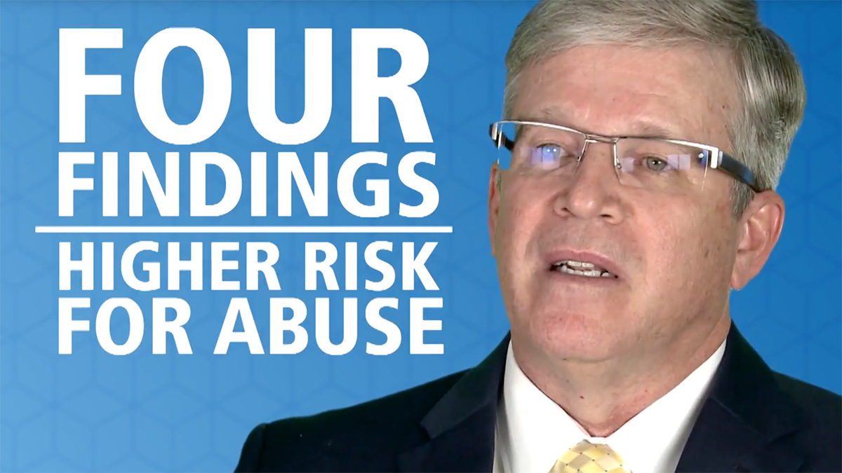 Photo of Dr. Hymel with gray hair, glasses, white shirt, yellow tie, and black jacket standing next to the words "Four Findings: Higher Risk for Abuse".