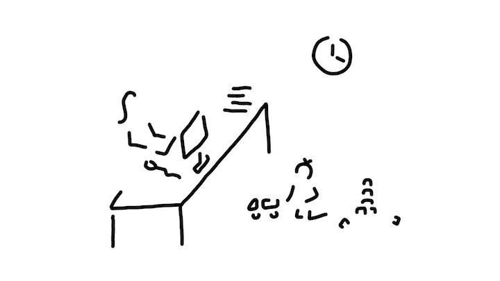 Graphic depicting a mother at her computer with her child playing at her feet and a clock on the wall.