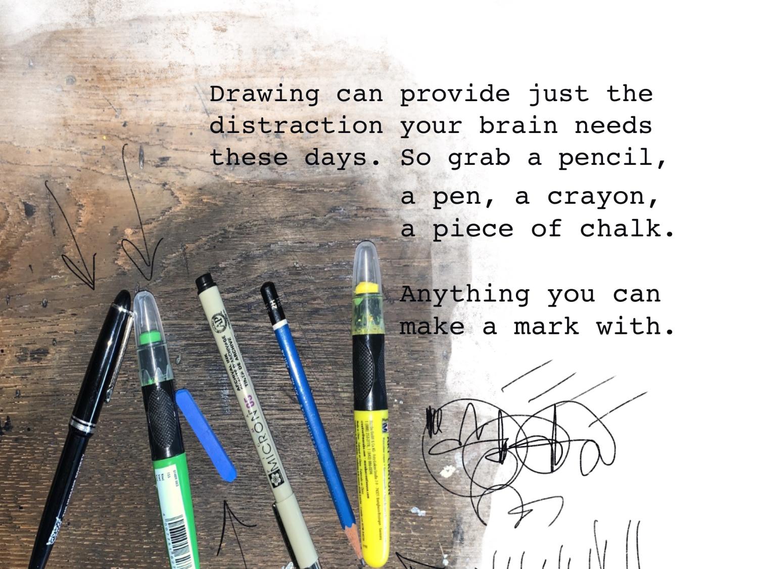 Pens and pencils with sketches