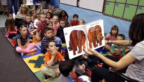 Teacher reading to her Kindergarten students.