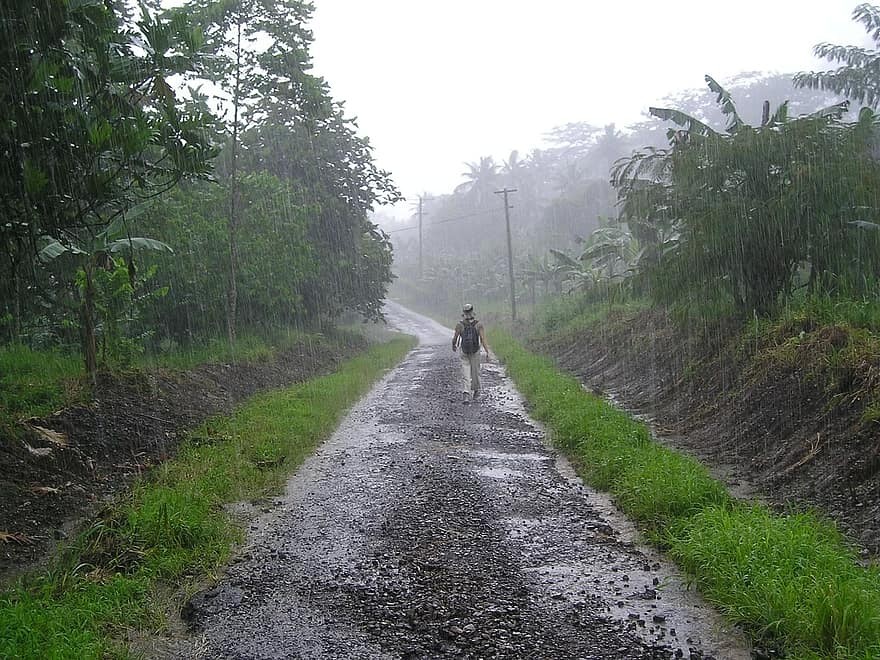 Man walking on dirt road in the rain.