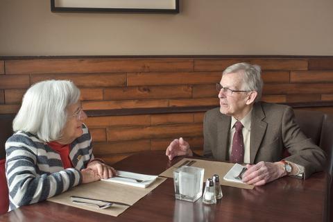 Photo of Gordon DeJong with Mimi Barash Coppersmith at The Deli Restaurant.
