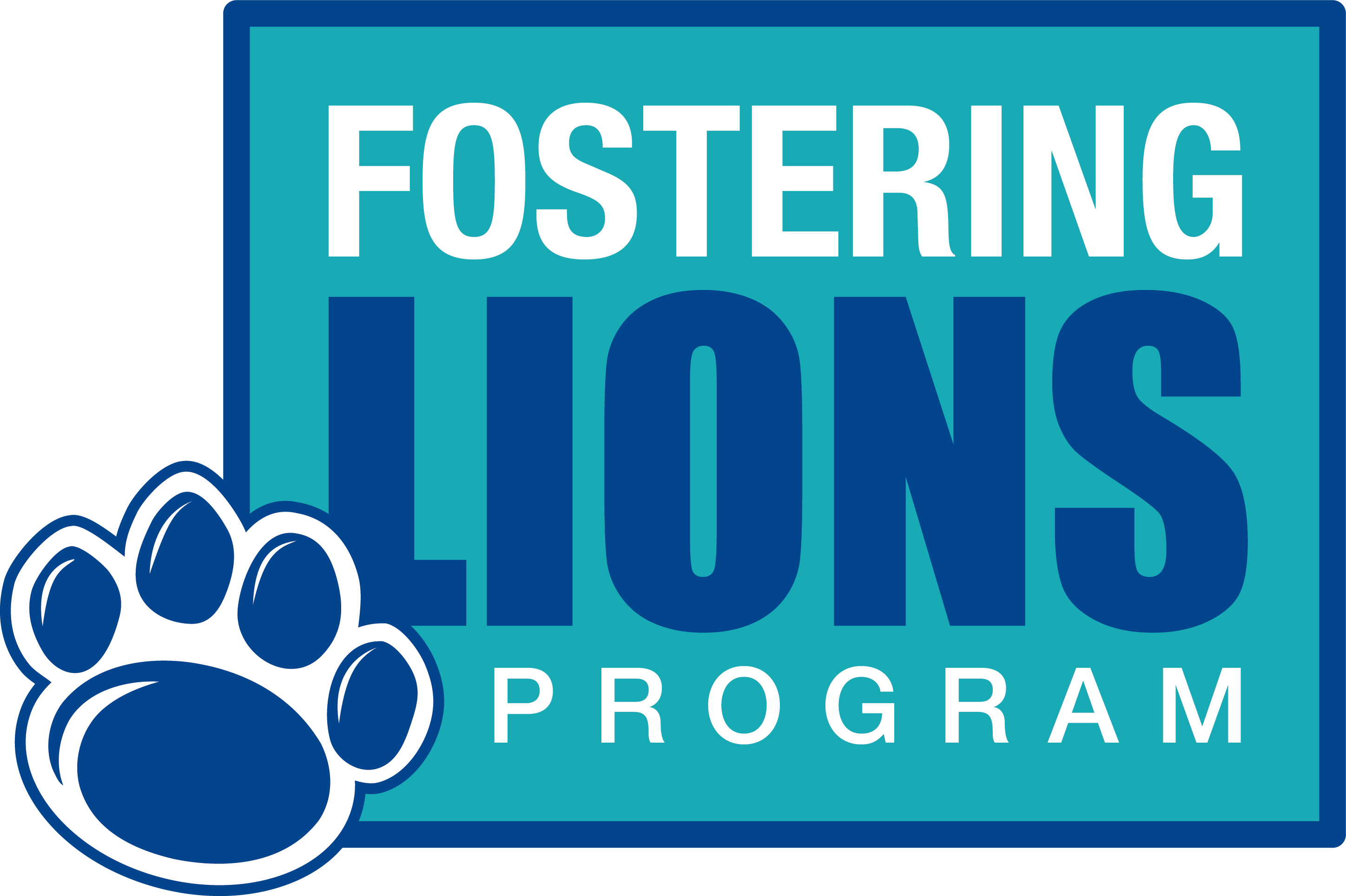 Fostering Lions logo with blue paw print on teal background