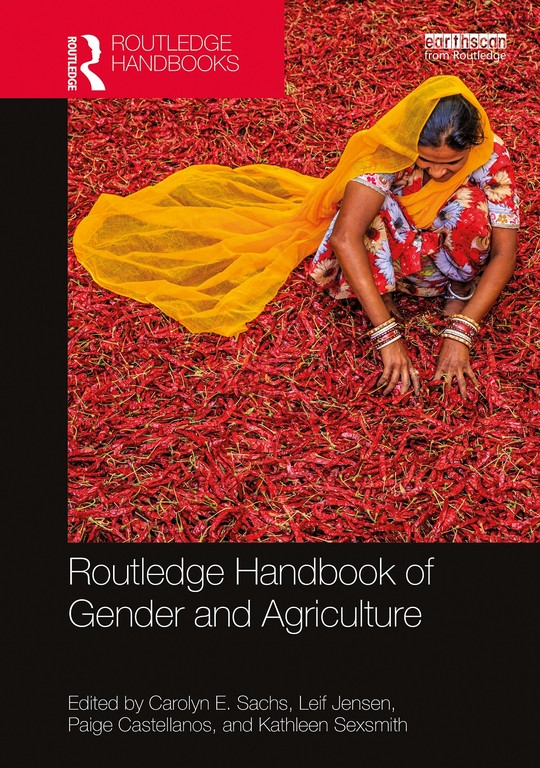 Gender book cover red and yellow, with a woman sorting chili peppers.