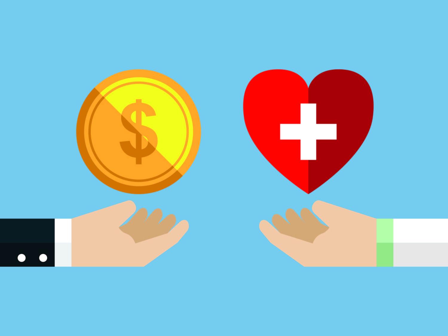 Illustration of hands holdig aa heart with medical cross and a coin with dollar sign