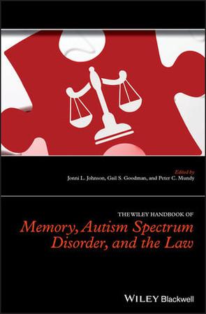 Cover of the book "The Wiley Handbook of Memory, Autism Spectrum Disorder and the Law" with graphic of a red puzzle piece and justice scales.