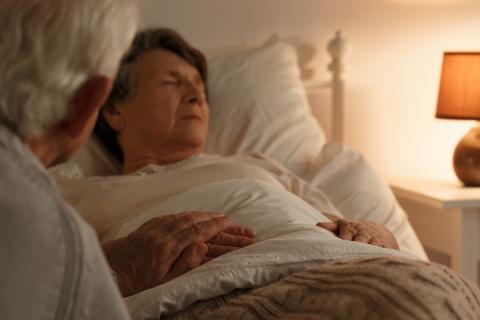 Photo of an older woman in bed sleeping with a man sitting next to her and holding her hand.