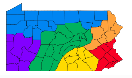 Map of Pennsylvania with counties, divided into six colored sections.