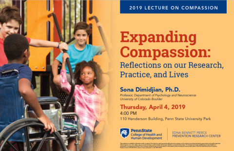Poster for the 2019 Lecture on Compassion with a photo of a boy in a wheelchair on a playground with his peers.