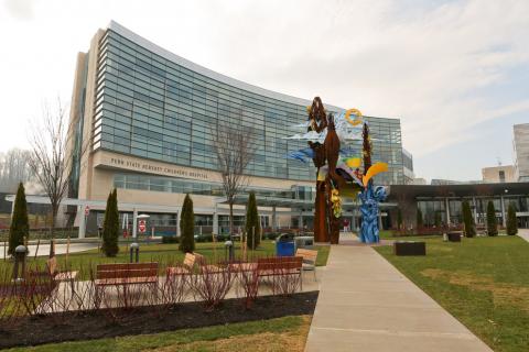 Colorful statues and benches outside Penn State Hershey Children's Hospital.