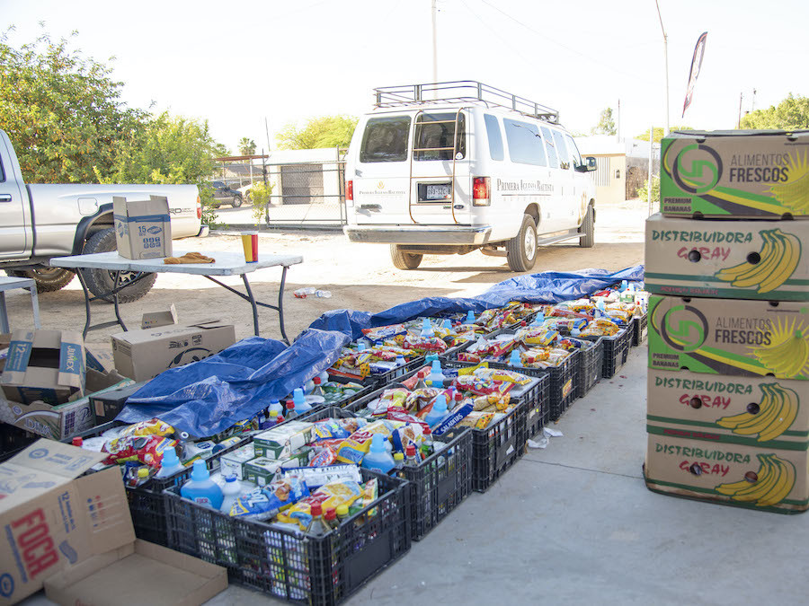 A shipment of food and cleaning supplies arrives in San Luis Rio Colorado, Mexico