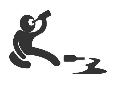 Graphic of a person drinking from a bottle of alcohol with another bottle laying on the ground and spilling out.
