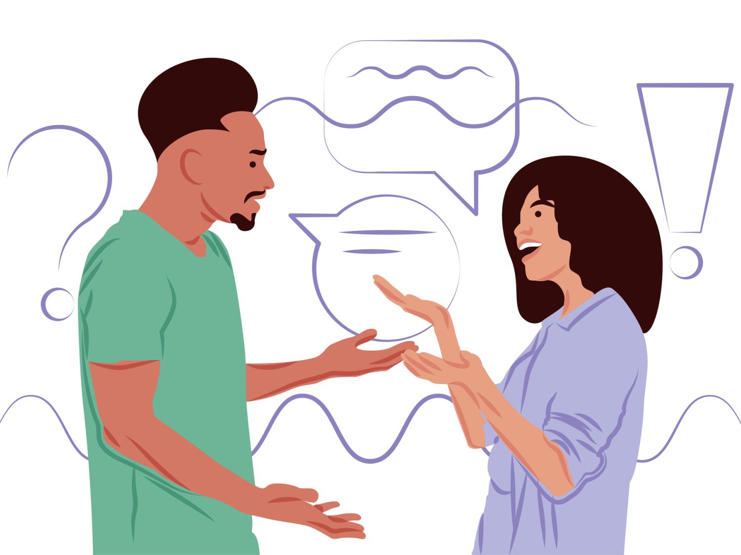 Illustration of African American man and Latino woman having a conversation
