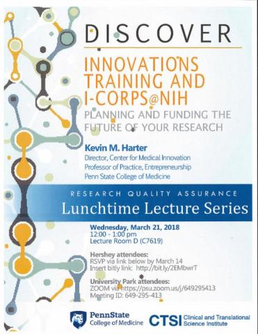 A poster for "Innovations Training and iCorps @ NIH: Planning and Funding the Future of Your Research" with details as listed.