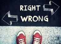 Photo of children's shoes standing on a sidewalk with the words "Right" and "Wrong" and arrows pointing right and left.