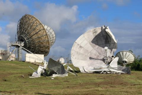 Photo of large satellite dishes destroyed by Hurricane Maria.