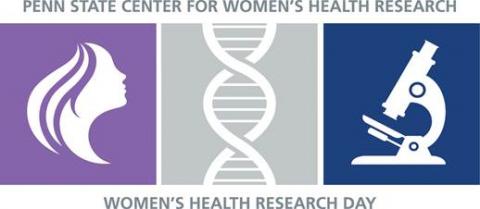 Graphic of a Woman's head, DNA strands, and a microscope with the words "Penn State Center for Women's Health Research, Women's Health Research Day".