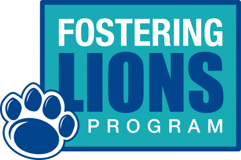 Fostering Lions logo with blue paw print on teal background