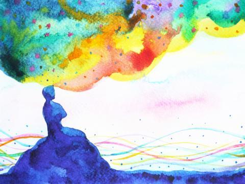 A watercolor portraying a person sitting on a rock with colorful clouds and waves.