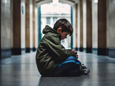 Young boy alone in hallway