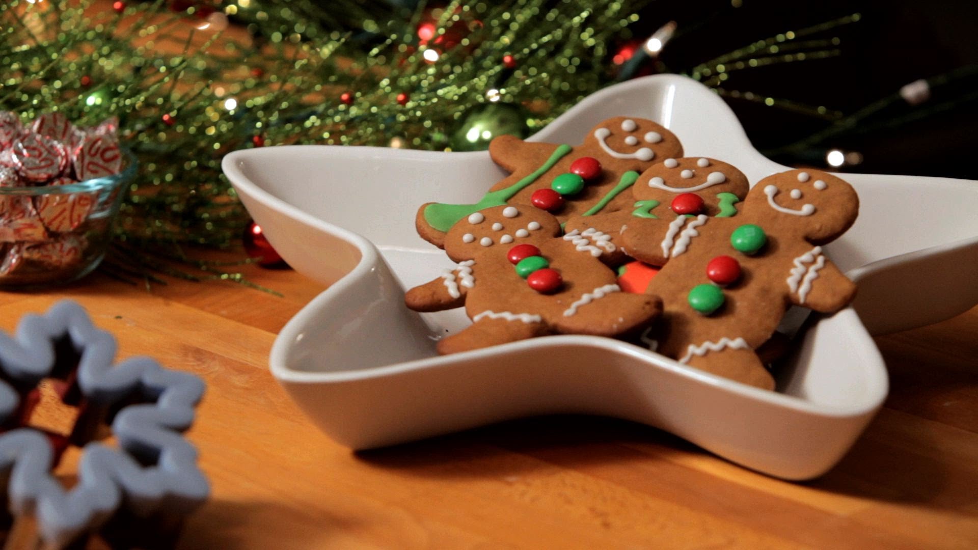 Photo of gingerbread cookies and holiday decorations.